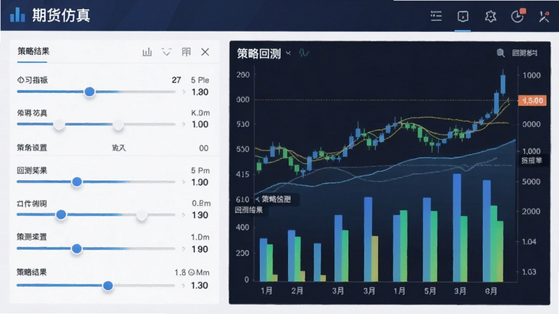 主体为“期货仿真”APP的策略设置界面,布局为列表加图表形式,排版规整,风格专业金融风,细节展示指标参数调节滑块及回测结果柱状图,文字标注“策略回测”,画质精细,无多余装饰
