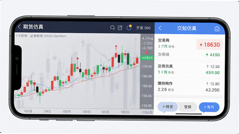 主体为一款名为“期货仿真”的手机APP界面预览图,布局采用左右分栏结构,左侧显示实时K线走势图,右侧为交易操作面板,排版整洁有序,风格为现代简约商务风,细节包含清晰的红色上涨绿色下跌标识及数字字体,画质高清,背景干净无多余元素