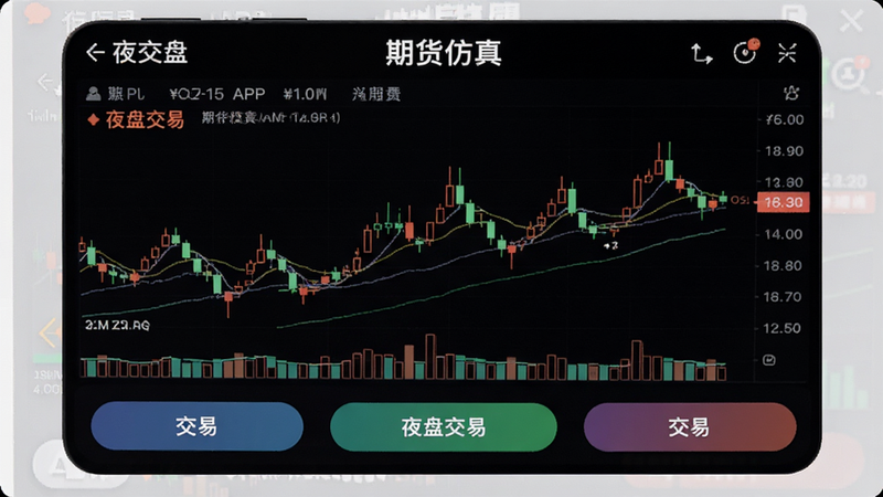 主体为“期货仿真”APP的夜盘交易界面,布局为深色模式,排版醒目,风格夜间护眼,细节展示夜盘K线图及交易按钮,文字标注“夜盘交易”,画质清晰,背景黑色,无多余元素
