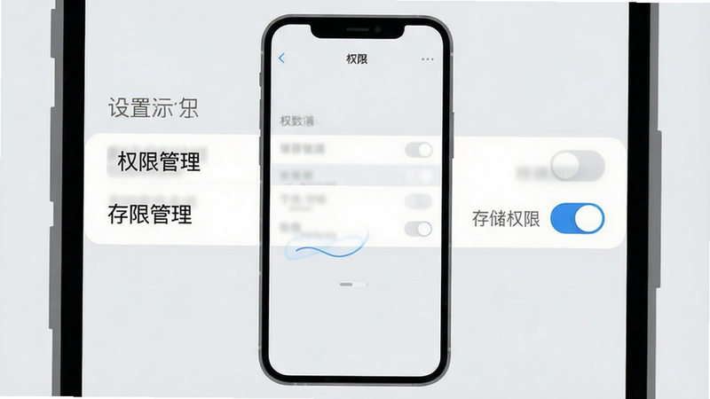 主体为手机设置界面示意图,布局为竖屏手机框,背景为浅灰色,排版简洁,风格为扁平化UI,细节展示“权限管理”列表项高亮,画质清晰,干净,无多余元素,文字