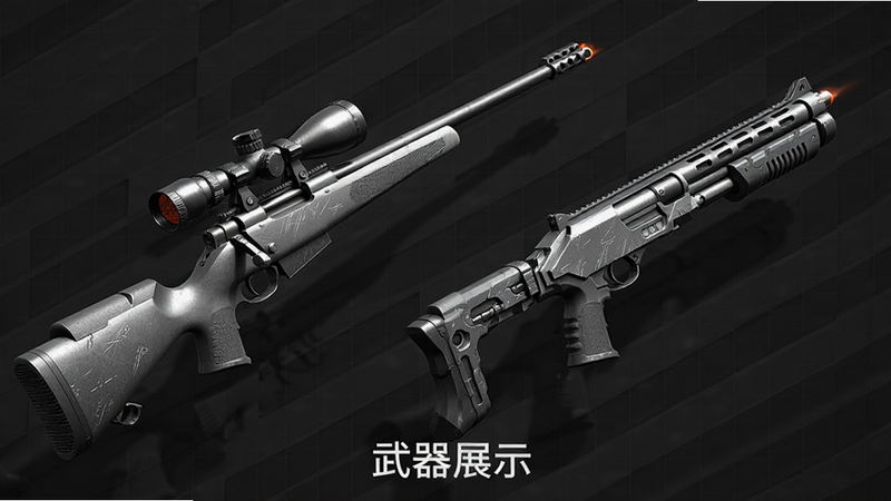 主体为一系列悬浮展示的3D武器模型,包括一把带瞄准镜的狙击枪和一把科技感十足的霰弹枪,武器表面有金属光泽和细微划痕,布局呈扇形排列,背景为深灰色网格空间,风格为产品摄影级渲染,细节突出枪口火光和机械结构,画质锐利,干净无杂质,文字