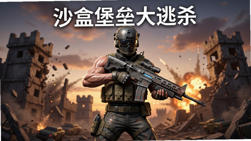 主体为一张充满动感的游戏宣传海报,画面中心是身穿战术装备的角色手持科幻步枪,背景是正在坍塌和重建的堡垒废墟,天空呈现黄昏色调,远处有爆炸火光,布局采用中心对称构图,排版简洁有力,风格为写实3D渲染,细节丰富,展示角色肌肉线条和装备磨损质感,画质8K超清,干净无多余元素,文字