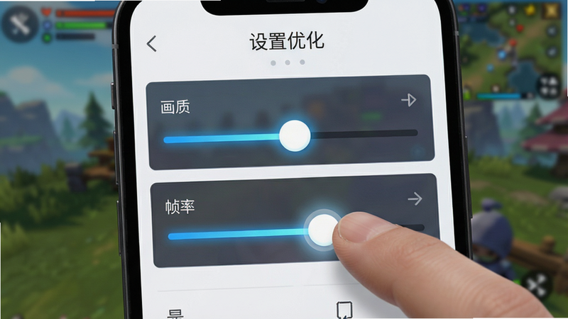 主体为手机游戏设置界面的特写,显示“画质”和“帧率”选项,手指正在滑动滑块,背景是模糊的游戏场景,布局聚焦于设置面板,风格为现代扁平化UI设计,细节展示滑块高亮效果,画质清晰,干净无干扰,文字