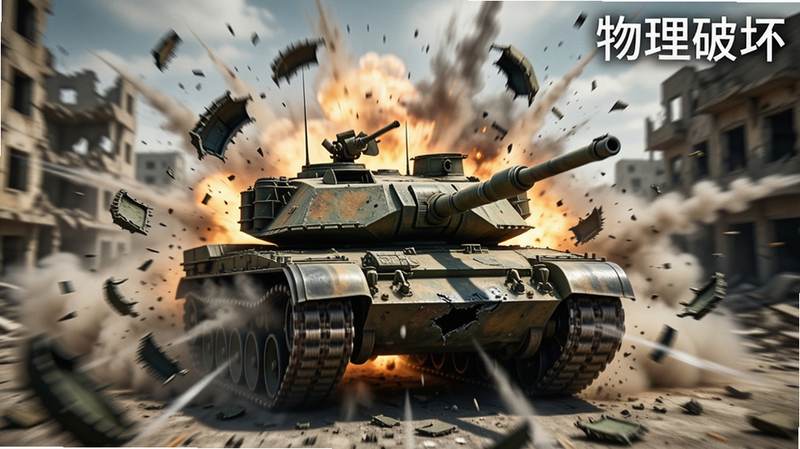 主体是一个动态爆炸场景,中心是一辆被击毁的坦克,碎片向四周飞散,尘土飞扬,背景是破碎的城市建筑,布局具有强烈的放射状冲击力,风格为电影级特效渲染,细节展示碎片纹理和烟雾流动,画质极高,干净无水印,文字