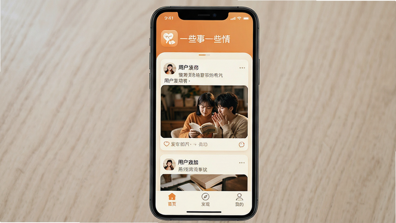 一张高清的手机应用界面展示图,主体为“一些事一些情”APP的主屏幕,布局清晰,顶部显示应用名称Logo,中间是用户发布的图文动态卡片,底部导航栏包含“首页”、“发现”、“我的”图标,风格温馨柔和,色调以暖橙色和米白色为主,细节丰富,画质清晰,干净无多余元素,无水印