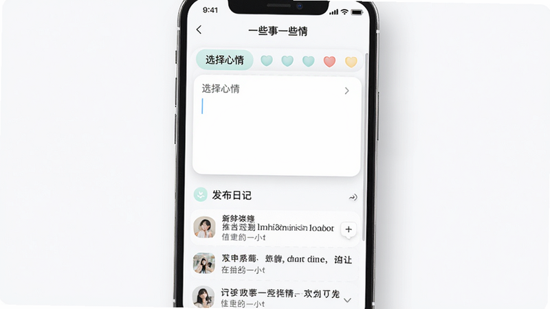 手机应用“一些事一些情”的日记编辑界面,主体为文本输入框,上方有“选择心情”的标签栏,下方展示已发布的日记列表,布局垂直滚动,风格简约清新,字体易读,细节处有柔和阴影效果,画质高清,干净