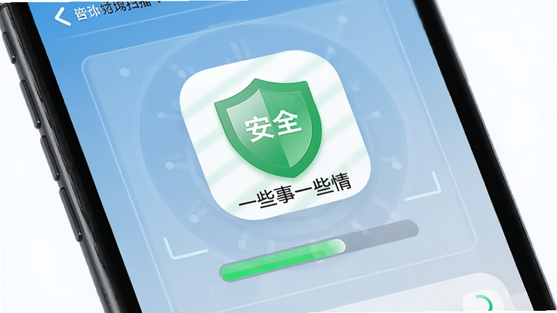 手机安全扫描界面,主体为“一些事一些情”应用图标,显示“安全”绿色盾牌标志,布局居中,风格科技感,细节处有扫描进度条,画质清晰,干净