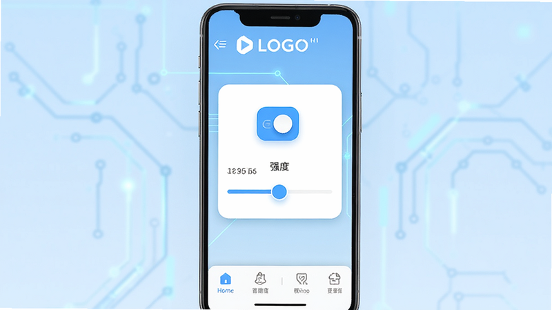 主体为自在中频电疗仪手机APP界面展示,布局采用现代简约UI风格,顶部显示品牌Logo,中部为核心控制卡片包含开关按钮和强度调节滑块,底部为功能导航栏,背景为浅蓝色渐变,细节处体现科技感线条,画质高清,干净,无多余元素