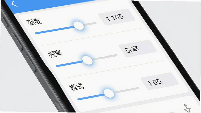 主体为APP内的参数调节界面,布局为垂直滚动列表,包含多个滑块控件和数字输入框,文字显示“强度”、“频率”、“模式”,风格为扁平化设计,细节处有指尖触控的高亮效果,画质细腻,干净,无多余元素