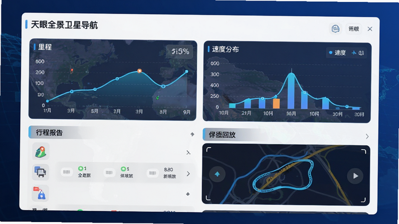 展示软件的数据统计界面,主体为“天眼全景卫星导航”的行程报告页面,布局为图表与列表结合,风格简洁现代,细节显示里程曲线、速度分布图及轨迹回放动画,画质清晰,文字标签清晰可读,背景为深蓝色渐变