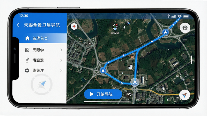 展示手机屏幕界面,主体为“天眼全景卫星导航”APP操作界面,布局采用左侧导航栏右侧地图视图,风格为科技感蓝白色调,细节显示高清卫星地图纹理与路线标记,画质4K高清,干净无多余元素,界面中央有清晰的“开始导航”按钮,顶部状态栏显示时间电量