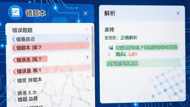 主体为智能错题库功能界面特写,背景为白色,布局左右分栏,左侧为错误题目列表,右侧为解析区域,排版逻辑清晰,风格为科技感蓝色调,细节显示