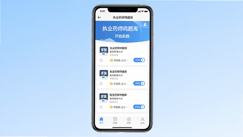 主体为执业药师鸣题库安卓版手机应用界面展示,背景为干净的浅蓝色渐变,布局居中,排版整洁有序,风格为现代扁平化UI设计,细节包含顶部导航栏、中部清晰的题目列表卡片、底部功能导航栏,文字清晰显示