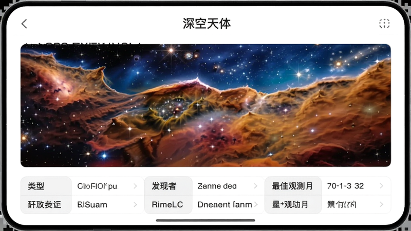 应用内的“深空天体”详情页,展示一张星云的高清渲染图,下方为参数表格,包含“类型”、“发现者”、“最佳观测月”等字段,布局工整,文字大小适中,背景为纯白,突出专业资料库的质感