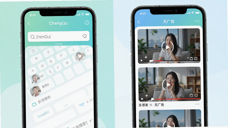 展示ChengQu应用界面的分屏示意图,左侧为搜索框输入状态,右侧为高清视频播放列表,界面风格清新,色彩搭配舒适,突出