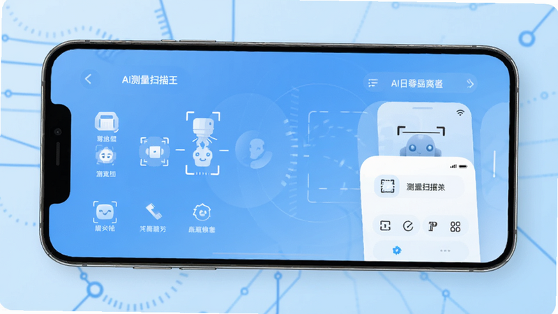 主体为AI测量扫描王APP的手机屏幕界面,布局清晰简洁,背景为浅蓝色渐变科技风,排版整齐,风格现代简约,细节包含清晰的UI图标与文字,画质高清,干净,无多余元素