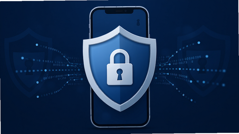 主体为安全盾牌图标与手机结合的画面,布局居中,背景为深蓝色安全主题,排版对称,风格稳重可信,细节展示锁形图标与数据流,画质高清,干净,无多余元素