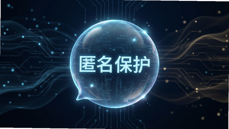 主体为抽象的概念图,布局中心对称,排版平衡,风格科技感与人文关怀结合,细节展示一个发光的数字气泡,文字显示“匿名保护”,画质清晰,干净,无多余元素