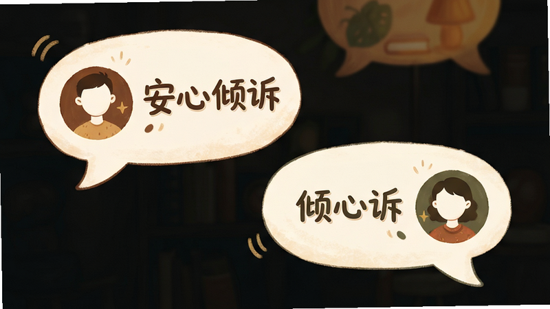 主体为对话气泡插画,布局左右交错,排版灵动,风格温馨治愈,细节展示两个匿名头像对话,文字显示“安心倾诉”,画质高清,干净,无多余元素