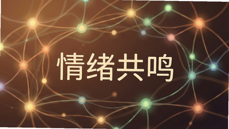 主体为连接节点图,布局网状结构,排版有机流动,风格温暖柔和,细节展示不同颜色的光点相互连接,文字显示“情绪共鸣”,画质细腻,干净,无多余元素