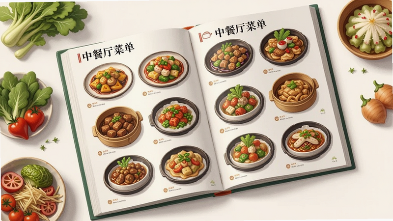 展示一本打开的食谱书,页面上绘有多种精美的中式菜肴插图,旁边摆放着新鲜食材,文字包含