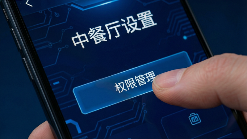 手机屏幕特写,显示游戏设置界面,手指正在点击“权限管理”按钮,背景为深蓝色科技风,文字包含