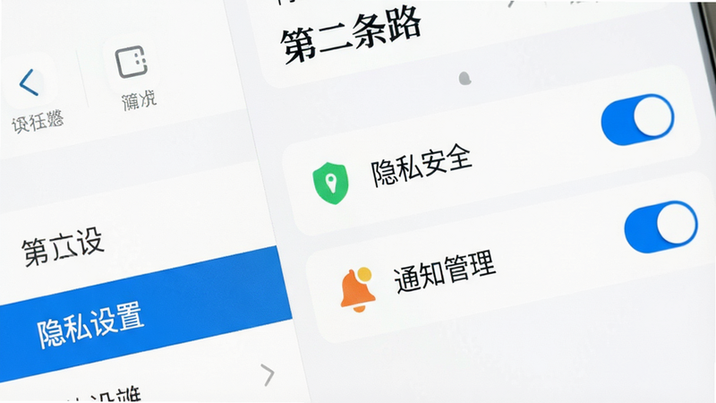 ����Ϊ���ڶ���·��APP�����ý�����д��չʾ����˽��ȫ���롰֪ͨ������ѡ������࣬ͼ����������������Ϊ���ף�����ƽ��ϸ�ڴ���ʾ���ذ�ť״̬�������������ɾ����޶���Ԫ�أ����֡���˽���á������˵�������ʾ