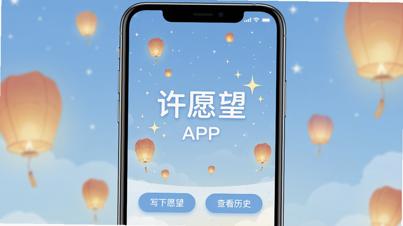 主体为一部竖屏智能手机,屏幕中央显示“许愿望”APP的主界面,背景是淡蓝色的星空与飘浮的孔明灯,界面底部有“写下愿望”和“查看历史”两个圆角按钮,整体风格清新治愈,排版简洁,细节包含星星闪烁光效,画质高清,干净无多余元素