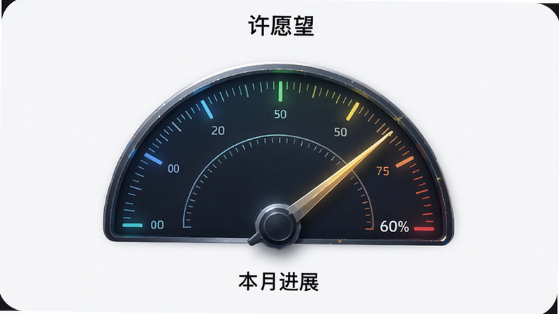 展示“许愿望”APP的进度追踪页面,屏幕中央是一个半圆形的仪表盘,指针指向60%的位置,下方有“本月进展”文字,布局对称,风格科技感,细节展示仪表盘刻度,画质高清,干净