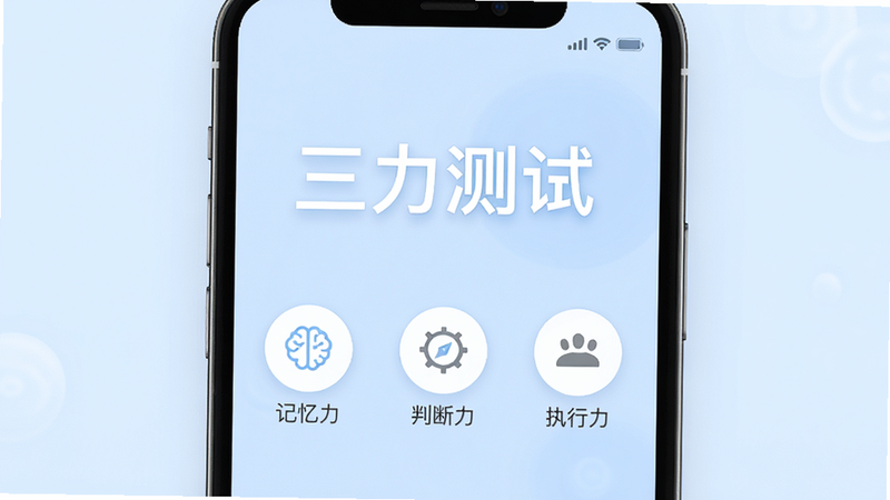 主体为手机界面,显示“三力测试”APP启动页,背景柔和淡蓝色,中央大字号标题,下方三个图标分别代表记忆力、判断力、执行力,布局居中对称,风格简洁清新,细节清晰,高清渲染,干净无多余元素