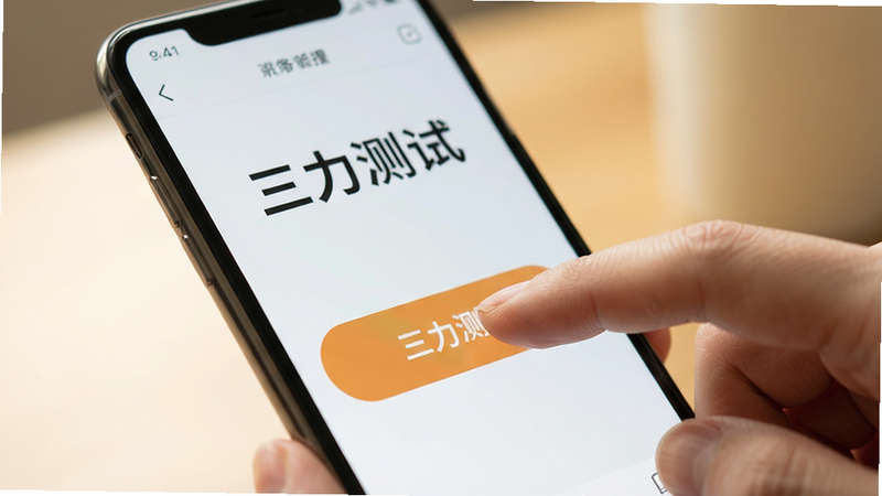 主体为手机特写,手指正在点击屏幕上的大按钮,屏幕显示“三力测试”界面,背景虚化,突出交互动作,风格温馨关怀,细节真实,高清摄影质感,干净背景