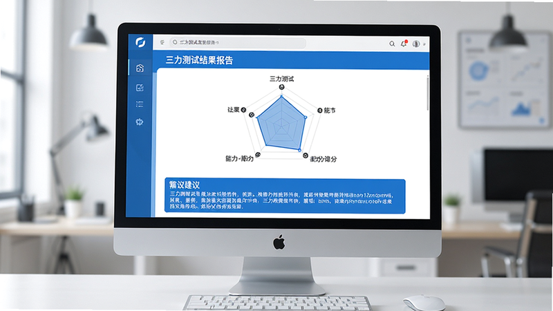 主体为电脑屏幕,展示“三力测试”结果报告页,雷达图显示三项能力得分,下方有文字建议区域,配色蓝白相间,布局严谨专业,细节清晰,高清UI设计图,干净无杂乱