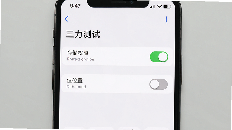 主体为手机设置界面,显示“三力测试”的权限管理页面,存储权限开关为开启状态,位置权限为关闭状态,界面简洁,高亮显示关键设置项,风格扁平,细节清晰,高清UI截图,干净背景