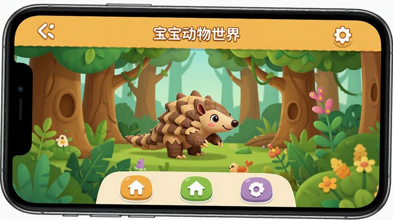主体为手机屏幕展示《宝宝动物世界》应用界面,布局清晰,上方为导航栏,中间为3D森林场景,一只卡通穿山甲正在互动,下方为功能按钮区,风格为扁平化儿童插画风,色彩明亮温馨,细节丰富,画质高清,干净,无多余元素