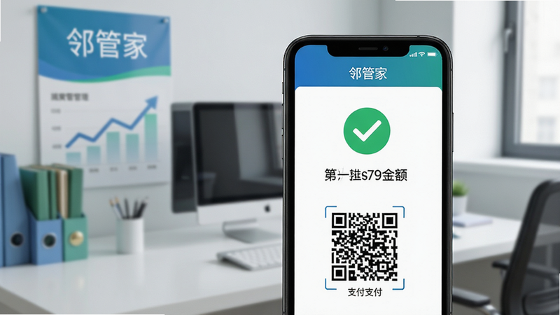 手机屏幕显示缴费成功页面,绿色对勾图标醒目,下方显示金额与支付二维码,背景为整洁的财务办公室一角,象征“邻管家”APP带来的高效财务管理,色调专业蓝绿,布局规整,画质细腻,干净无多余元素