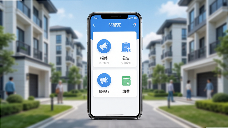 展示“邻管家”APP界面的全景图,主体为手机屏幕,显示简洁的社区管理仪表盘,包含报修、公告、缴费三大核心模块图标,背景为模糊的现代化住宅小区,色调清新蓝白,风格扁平化,细节清晰,画质高清,干净无多余元素