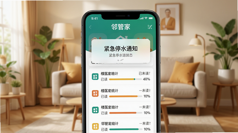 展示手机端消息推送界面,弹窗显示“紧急停水通知”,下方列表显示不同楼栋的已读/未读状态统计图表,背景为柔和的社区客厅场景,突出“邻管家”APP品牌标识,色彩温暖,细节丰富,画质清晰,干净无多余元素