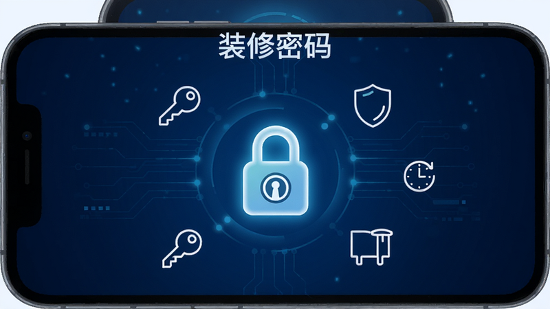 手机屏幕界面,显示“装修密码”APP主界面,深蓝色科技感背景,中央有一个发光的智能门锁图标,周围环绕着钥匙、盾牌、时钟等白色线性图标,布局对称,扁平化设计,高清,无多余元素