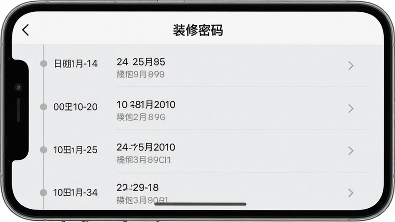手机界面截图,展示“装修密码”APP的日志列表页,时间轴样式,每行显示日期、时间和操作类型,背景为浅灰色,文字清晰,右侧有箭头指示,布局整齐,高清,无多余元素