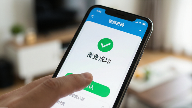 手机屏幕特写,显示“装修密码”APP的密码重置界面,手指正在点击确认按钮,屏幕上方显示“重置成功”的绿色对勾,背景模糊,聚焦于手部操作,高清,无多余元素