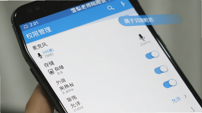 展示“雪梨老师陪跑营”APP在安卓手机上的设置界面,主体为权限管理列表,布局纵向排列,排版清晰,风格为标准的安卓系统UI风格,细节包含“麦克风”、“存储”等权限开关,画质高清,干净,无多余元素,文字内容包含“权限管理”和“允许”