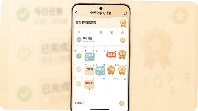 展示“雪梨老师陪跑营”APP内的个性化学习计划页面,主体为日历视图,标记了已完成和待完成的任务,布局纵向排列,排版简洁,风格为温暖的米黄色背景,细节包含任务打卡图标和奖励徽章,画质高清,干净,无多余元素,文字内容包含“今日任务”和“已完成”