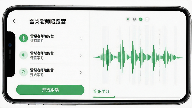 主体为一款名为“雪梨老师陪跑营”的手机APP界面截图,布局采用左右分栏,左侧显示课程列表,右侧显示实时语音波形图,排版整齐有序,风格为清新简约的白色背景搭配绿色点缀,细节处包含“开始跟读”按钮和进度条,画质高清,干净,无多余元素,文字内容包含“雪梨老师陪跑营”和“开始学习”