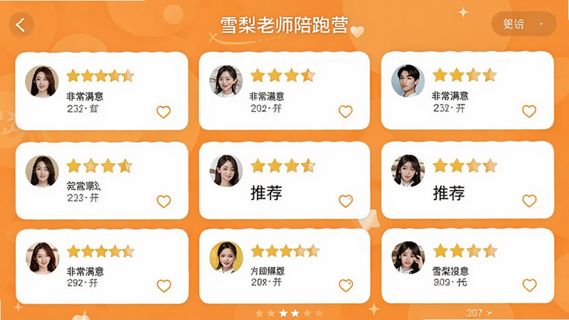 展示“雪梨老师陪跑营”APP内的用户评价页面,主体为多条五星好评,布局卡片式排列,排版整齐,风格为温暖的橙色背景,细节包含用户头像和评分星星,画质清晰,干净,无多余元素,文字内容包含“非常满意”和“推荐”