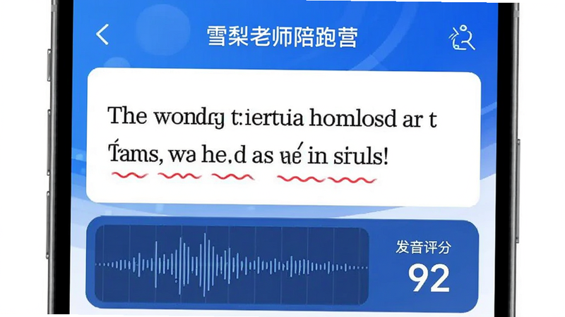 展示“雪梨老师陪跑营”APP内的语音纠音功能界面,主体为一段英文文本,下方有红色波浪线标记错误发音位置,布局紧凑,排版清晰,风格为科技感的蓝色调,细节包含语音波形对比图和评分数字,画质清晰,干净,无多余元素,文字内容包含“发音评分 92”