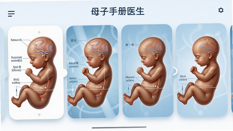 ��ĸ���ֲ�ҽ����APP�е�̥������3Dģ��չʾͼ������Ϊ��ͬ����̥���Ĳ����Ӱ������Ϊ���򻬶��Աȿ�Ƭ���Ű���в�θУ����Ϊҽѧ�廭�磬ϸ�ڰ�����ע��ָʾͷ���������ߴ磬���ʾ�ϸ���ɾ����޶���Ԫ��