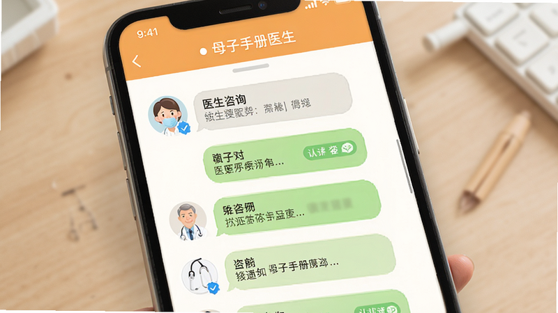 ��ĸ���ֲ�ҽ����APP��ҽ����ѯ�Ի����棬����Ϊ�������ݣ�����Ϊ���¹����ṹ���Ű������׶������Ϊ��ů���е��罻���棬ϸ�ڰ���ҽ��ͷ����֤��ʶ�������������ɾ����޶���Ԫ��