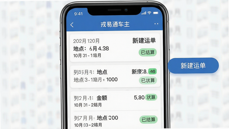手机界面展示“戎易通车主”App的运单管理列表,列表中有多条记录,每条记录包含日期、地点、金额和状态标签,界面右侧有一个“新建运单”的悬浮按钮,背景为白色,布局列表式,风格商务简洁,细节清晰,画质高清,干净,文字