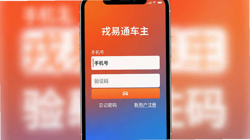 手机屏幕展示“戎易通车主”App的注册登录界面,输入框清晰,底部有“忘记密码”和“新用户注册”链接,背景为品牌色渐变,布局简洁,风格现代,细节清晰,画质4k,干净,文字