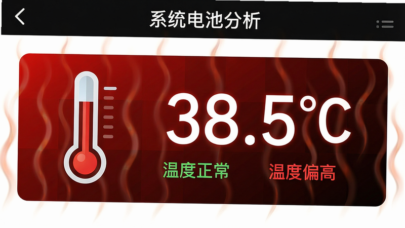 ��ϵͳ��ط�����App���¶ȼ�ؽ��棬����Ϊ�¶ȼ�ͼ���ʵʱ�¶����֡�38.5��C���������к�ɫ��ʾɫ�齥�䣬����ͻ����ʾЧ��������˵�����¶����������¶�ƫ�ߡ������ֱ���׶���ϸ�ڴ������˲���Ч�������ʸ���